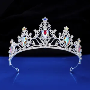 Exquisite silver bridal tiara crown with multicolored crystal rhinestones for wedding party