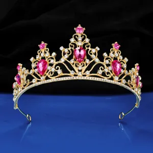 Gold bridal tiara crown with pink teardrop rhinestones princess party hair accessory
