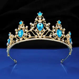 Elegant gold bridal tiara with blue teardrop crystals for wedding party hair accessories