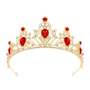 Stunning gold bridal tiara with sparkling red rhinestones, perfect for weddings, parties, and proms.