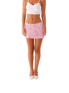 Modischer rosafarbener Pailletten bestickter Minirock für Damen, sexy figurbetonter Clubrock.