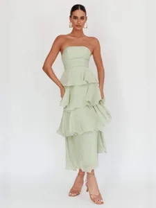 Robe Maxi Longue Femme Sexy Été Sans Bretelles Dos Nu Jupe à Volants Décontracté Sans Manches Couleur Unie Polyester Robe de Soirée