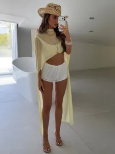 Elegant light yellow long sheer chiffon shawl for minimalist summer beach styling