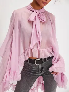 Women Casual Long Sleeve Lantern Sleeve V Neck Ruffled Irregular Hem Chiffon Blouse
