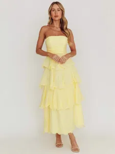 Élégante robe midi bustier jaune à volants pour l'été et les occasions spéciales
