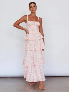 Elegant pink floral tiered maxi dress with spaghetti straps for women's summer wear