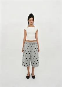 Full view of grey polka dot loose wide-leg pants with drawstring waist for summer casual