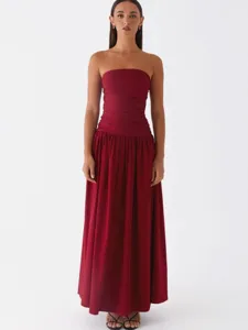 Women's Summer Elegant Vintage Strapless Shirred Spliced Maxi Evening Party Long Dress