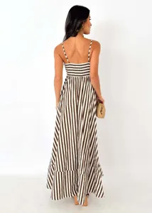 Detail view showing the backless design and striped pattern of this summer maxi dress.