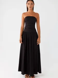 Women black strapless ruched spliced maxi dress elegant vintage summer formal long gown