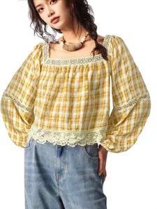 Blouse à Carreaux Manches Longues pour Femmes Col Carré Garniture en Dentelle Manche Lanterne Casual Pullover Joli Haut de Chemise