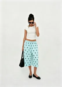 Retro light blue polka dot wide-leg culottes with elastic drawstring waist for women