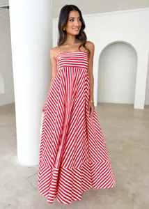 Detail view of a stylish red and white striped backless cami maxi dress for women