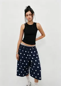 American vintage navy blue polka dot wide-leg pants with comfortable drawstring waist