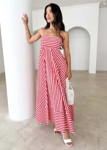Full length view of a chic red and white striped maxi dress with thin straps
