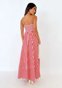 Detail back view of a stylish red and white striped backless maxi dress for summer.