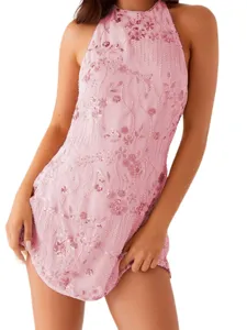 Elegant pink halter neck dress with intricate floral sequins and beadwork for a slim sexy fit