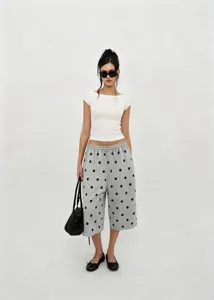 Retro grey polka dot drawstring wide-leg culottes showing a relaxed summer casual style