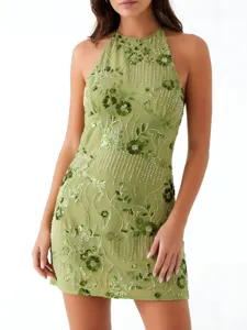 Sexy green halter neck mini dress with delicate floral embroidery and sequin embellishments