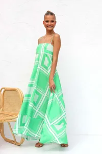 Elegant green and white geometric print maxi dress with slender spaghetti straps