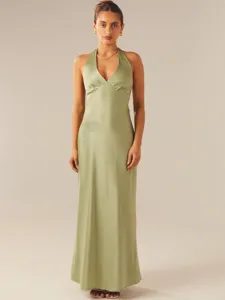 Women's Sexy Halter Neck Backless Maxi Dress Elegant Sleeveless Satin Long Dress Summer Party Evening Clubwear