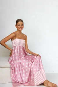 Summer pink polka dot and striped maxi dress with thin spaghetti straps for women