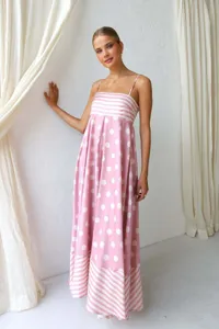 Elegant summer fashion pink polka dot printed maxi dress with backless spaghetti straps
