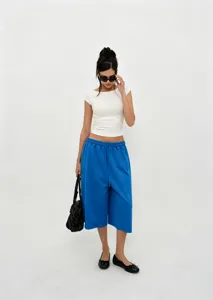 Stylish vintage blue drawstring wide-leg cropped pants for casual summer styling