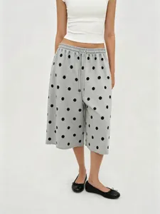 Grey polka dot wide-leg cropped pants with drawstring waist for summer casual wear
