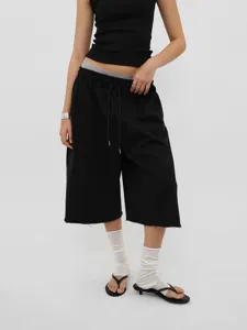 Women's American retro loose wide-leg drawstring cropped casual pants in classic black