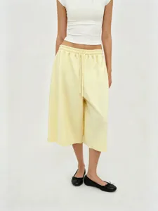 American retro drawstring wide-leg cropped pants for women in light yellow style