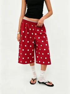 Vintage style red polka dot wide-leg culottes with comfortable drawstring waist