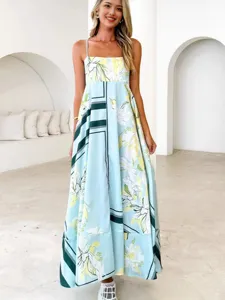 Summer floral print backless maxi dress with spaghetti straps and high waist design