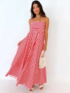 Summer red and white striped maxi dress with spaghetti straps and flattering high waist