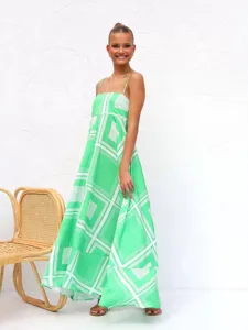 Elegant summer green geometric print backless halter high waist maxi dress with large swing