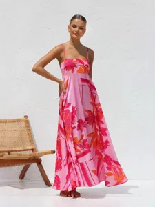 Summer pink floral maxi dress with elegant spaghetti straps and a high waist design.