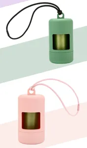Portable dog waste bag dispenser with roll, silicone poop bag holder with lanyard for pets.