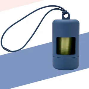 Portable pet waste bag dispenser with blue silicone holder and hanging strap for dogs.