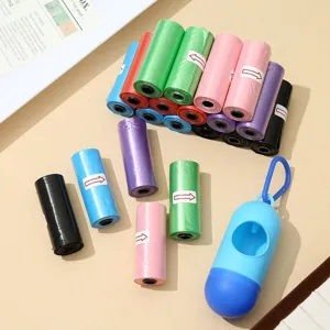Colorful pet waste bags rolls and dispenser set for dog cleaning, portable and convenient.