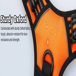 Close-up detail of sturdy orange Oxford fabric dog harness with water-resistant surface drops.