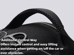 Close-up of the durable nylon control handle on a heavy-duty black dog harness vest