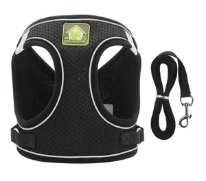 Close-up of breathable black mesh dog harness featuring reflective trim and leash set