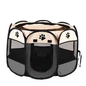 Detail view showing the foldable octagonal pet tent for cats and dogs in beige and gray.
