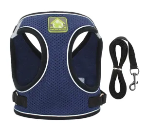 Navy blue breathable mesh dog harness with reflective strips and leash set
