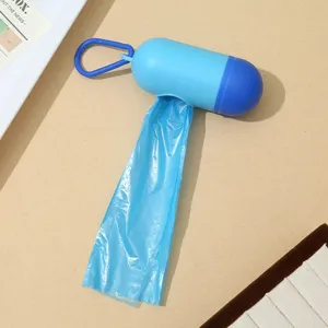 Portable dog poop bag dispenser with blue waste bags for pet outdoor walking and cleanup.