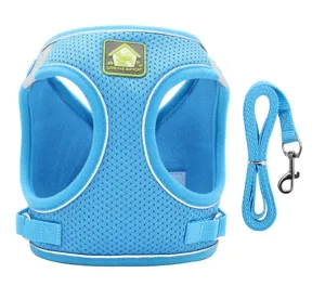 Detailed view of the blue reflective breathable dog harness with a matching leash set