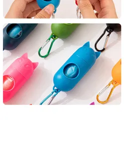 Distributeur de sacs a dechets pour animaux en forme de chat mignon avec mousqueton portable.