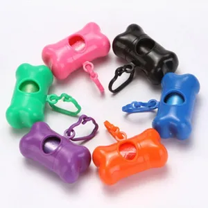 Portable bone shaped dog poop bag dispenser with garbage bags and hook for daily walk.