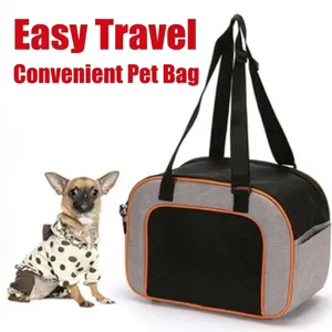 Portable pet carrier bag featuring breathable mesh window and vibrant orange trim detail
