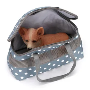 Detailed view of blue polka dot pet carrier bag featuring mesh sides and top opening